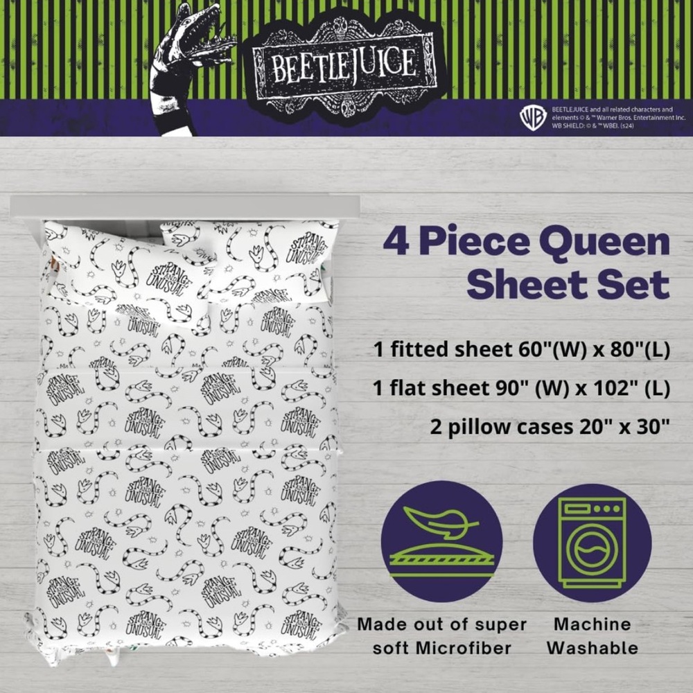 Like new- Beetlejuice 4 Piece Queen Sheet Set